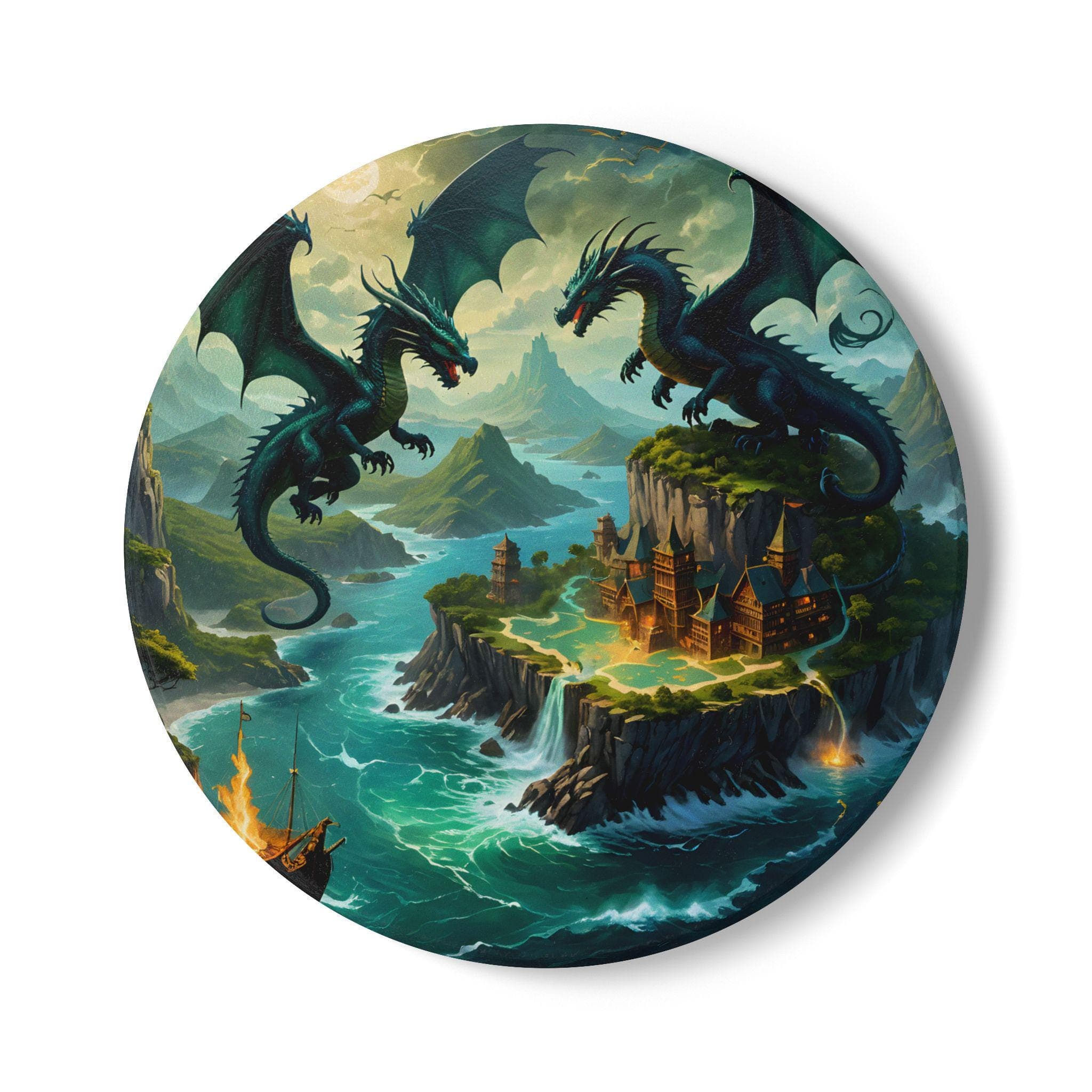 Epic Dragon Castle Coaster, Gift for Fantasy Lovers, Digital Painting Adventure Scene